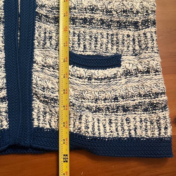 J. McLaughlin Women's White Blue Knitted Open Front Structed Cardigan Sz Medium - Picture 6 of 6